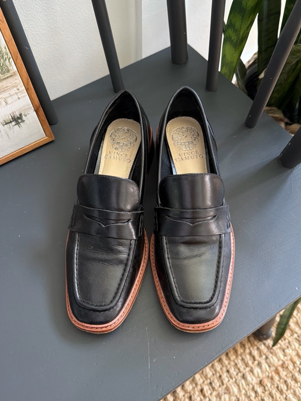 Vince Camuto Black Leather Penny Loafers with Brown Stacked Heel - Picture 3 of 4